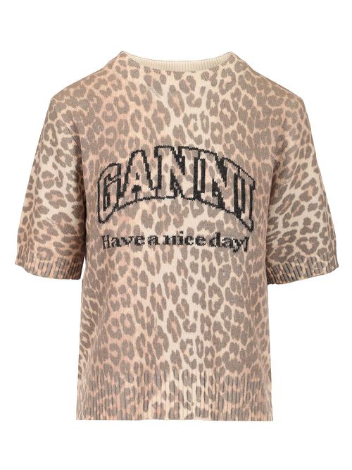 Ganni - Graphic Wool Mix Printed Leopard T-Shirt Animalier