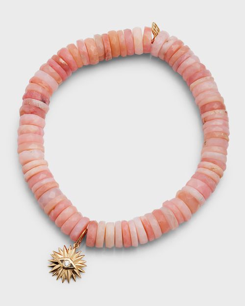 14k Pink Opal Wheel Bracelet with Diamond Evil Eye Charm