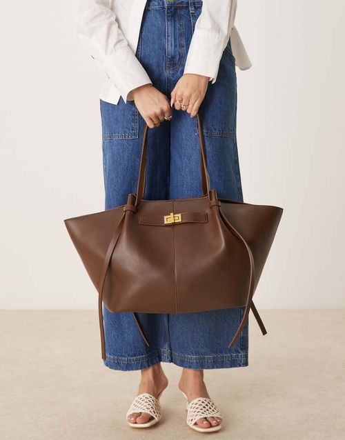 Faux leather medium tote bag with strap and clutch detail in dark brown