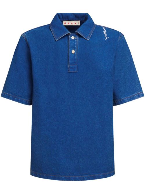Embroidered denim polo - Blue