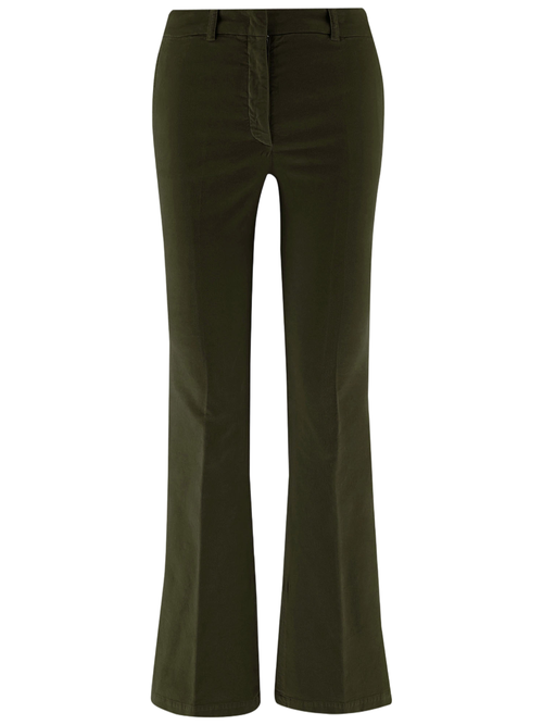 Flared Dark Green Stretch Cotton Velvet Pants With Tailored Silhouette
