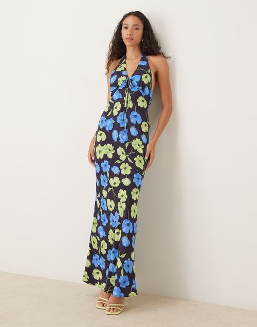 Tie front halterneck maxi dress in floral print-Black