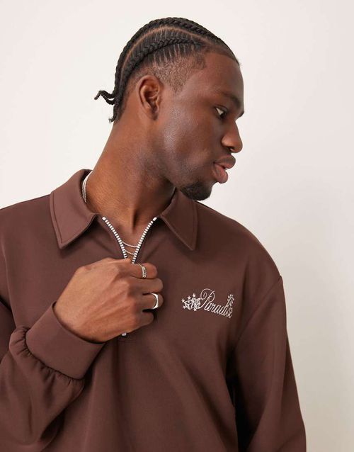 ASOS DESIGN oversized cropped polo sweatshirt in scuba with chest embroidery in brown-Navy