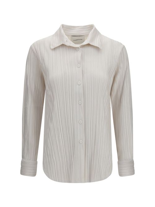 Fine Striped Velvet-Like Polyester Shirt — White
