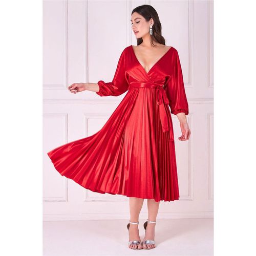 Satin Pleated Skirt Wrap Midi Dress - Red by Goddiva