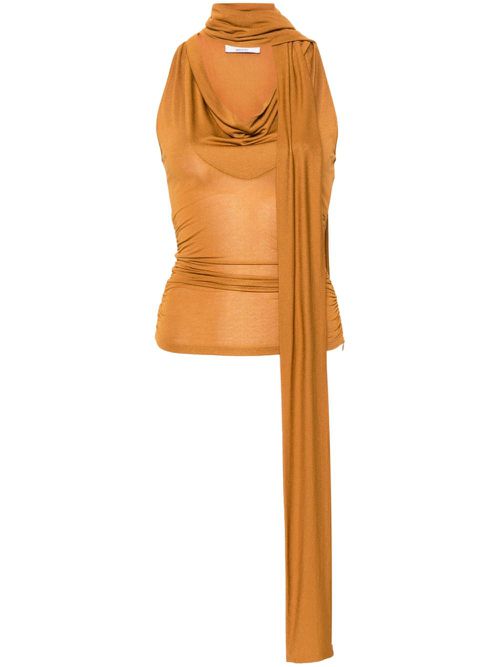Sash-embellished gathered jersey top - Brown