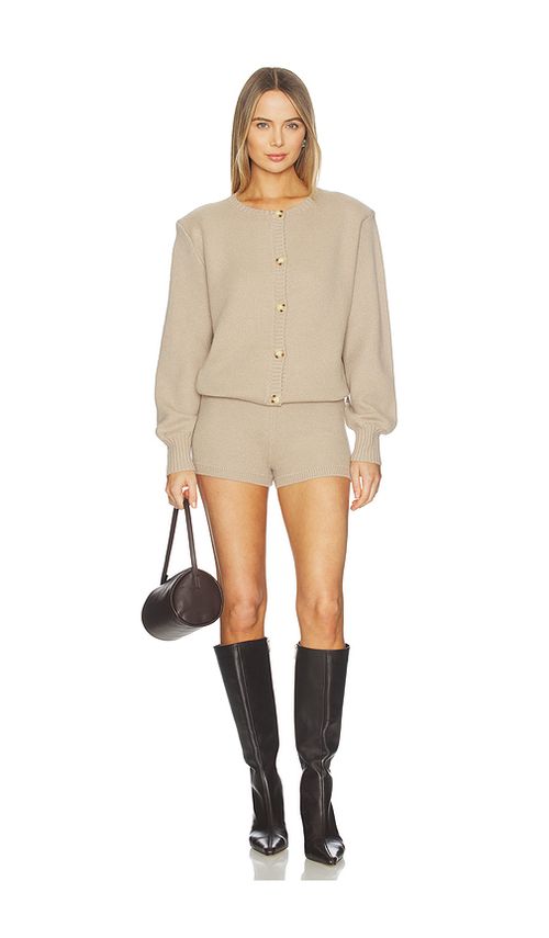 SEROYA Sable Knit Romper in Tan. M. Also in S