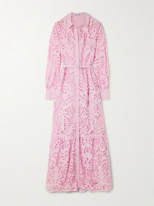Belted Tiered Broderie Anglaise Cotton Maxi Shirt Dress - Pink