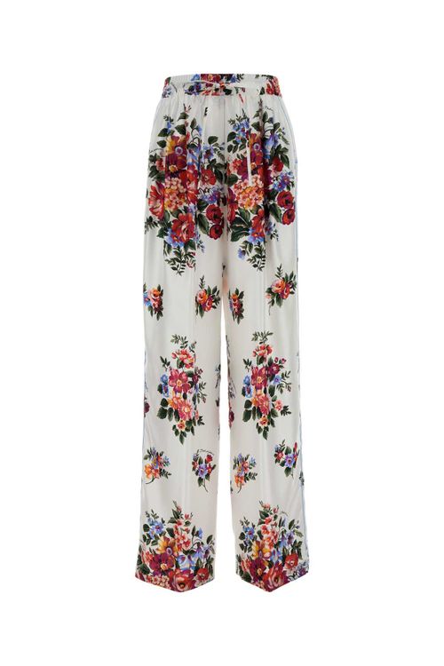 Floral Silk Trousers — White