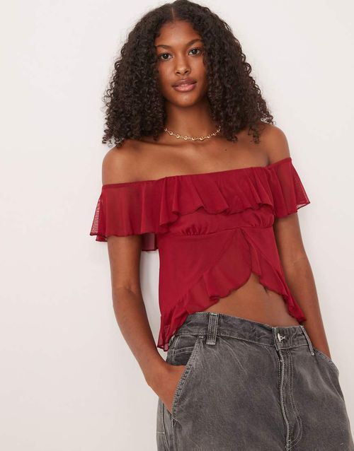 Ruffle bardot split front top in burgundy-Red