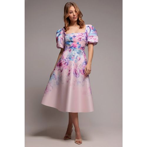 Goddiva Printed Scuba Square Neck Puff Sleeve Midi Dress - Blush Pink