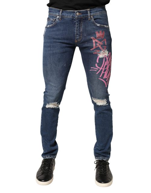Distressed Graffiti-Print Jeans — Blue