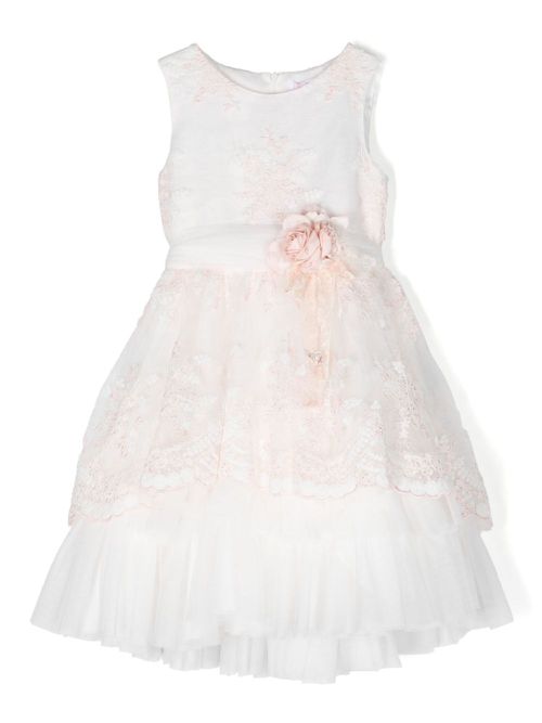 Floral-appliqué full-skirt dress - White
