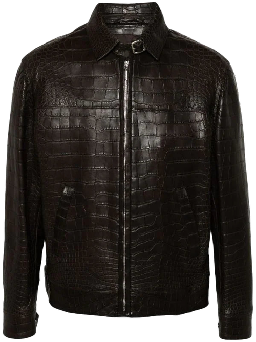 Lizard-Embossed Calf Leather Jacket — Black