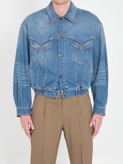 Versace Blue Cotton Denim Jacket With Red Leather Detai