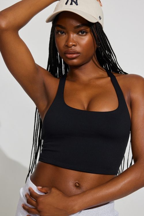 Active Cropped Racerback Tank Top - Black - Women Clothing