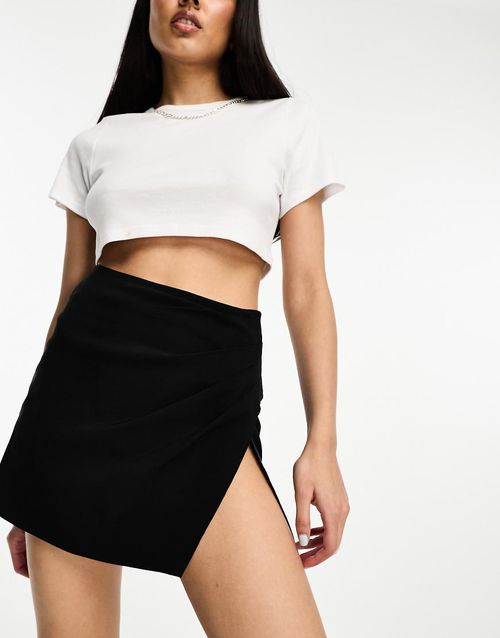 Ruched side bengaline mini skirt with split detail in black