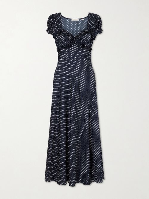 Valerine Gathered Polk-dot Silk-blend Twill Maxi Dress