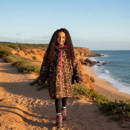 OHS Kids Water Resistant Leopard Print Sherpa Drying Robe, Natural/Pink - Large/Extra Large