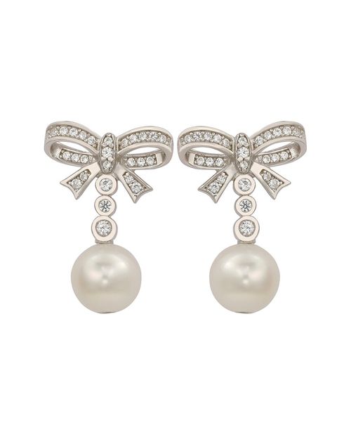 Silver Created White Sapphire & 8Mm Pearl Bow Earring