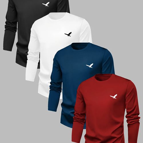 TEMU 4pcs Men's Long Sleeved Round Neck T-shirt- Soft Knit Casual Winter , Eagle Print Breathable Warm Base Shirt, Suitable For Daily And Forma