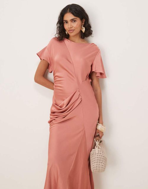 ASOS DESIGN satin flutter sleeve maxi dress in dusky rose-Pink