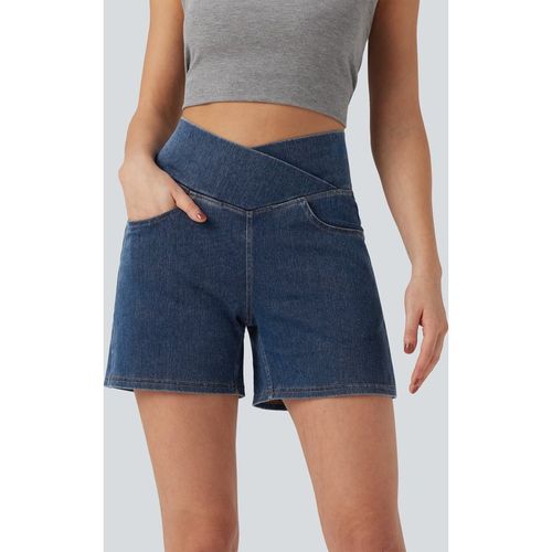 Halara Halara Flex™ Crossover High Waisted Pockets Wide Leg A Line Washed Denim Casual Shorts - Estate Blue Denim - XLregular