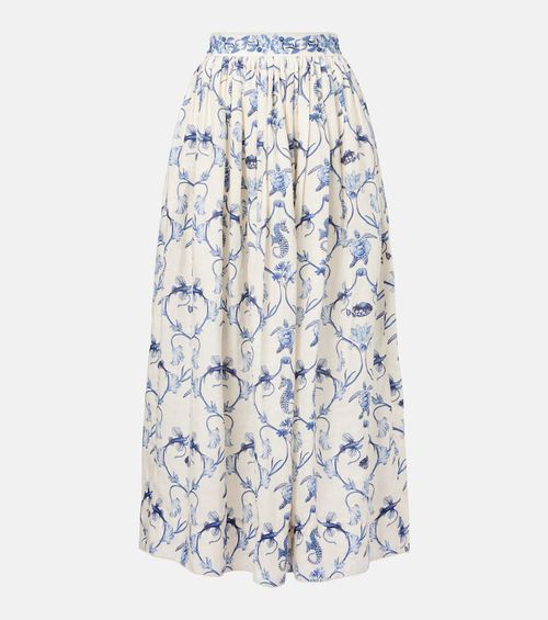 Printed high-rise linen maxi skirt