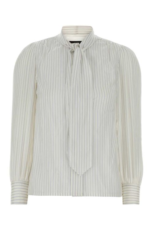 Pinstriped Silk with Bow Tie Detail Shirt — White