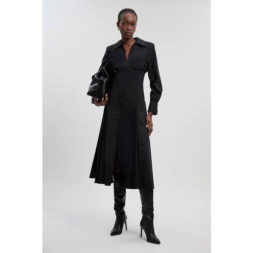 Karen Millen Women's Pleated Detail Cotton Long Sleeve Woven Midi Dress in Black