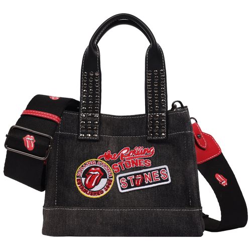 Black Denim Patch Mini Tote - Studded Handles with Adjustable Crossbody Strap