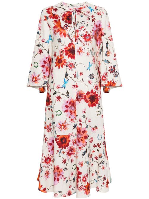 Floral-print linen midi dress - Neutrals