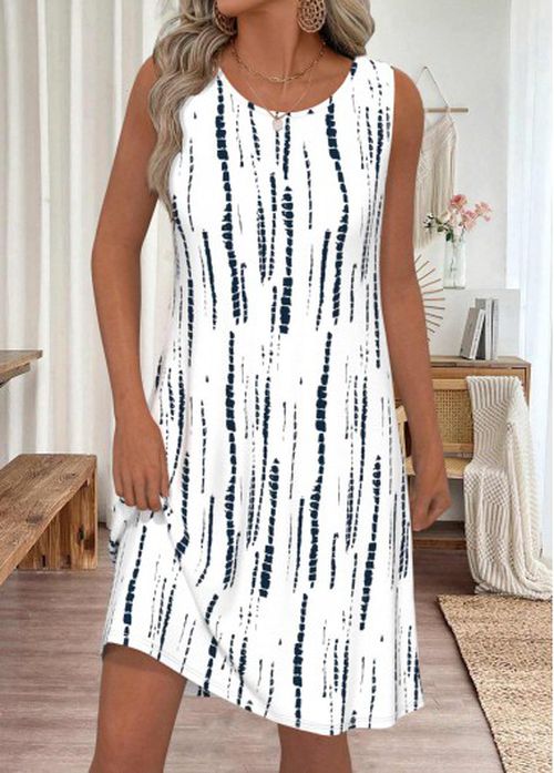 Modlily White Tie Dye Print Sleeveless Round Neck Dre