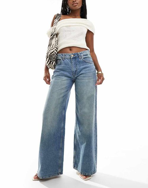Bershka high waisted wide leg jeans in dirty mid blue wash