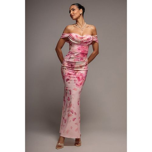 Goddiva Printed Cowl Neck Pleated Waist Maxi Dress - Blush Pink