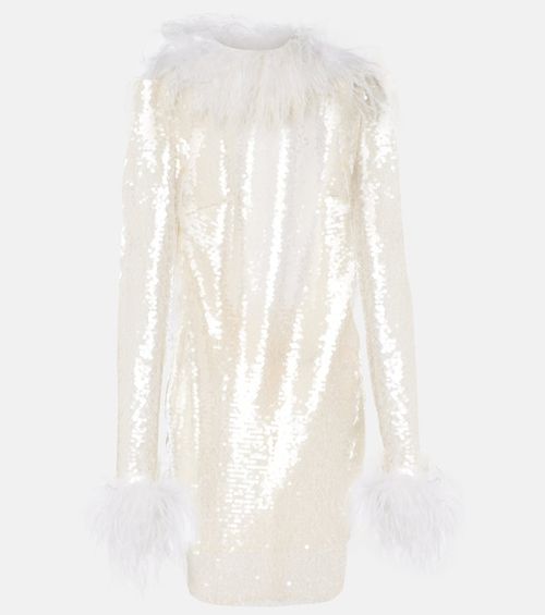 Feather-trimmed sequined minidress