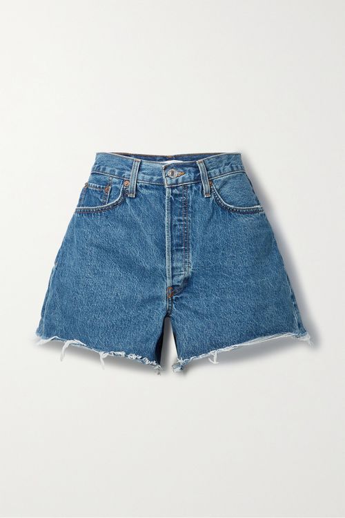 90s Frayed Organic Denim Shorts - ミッドデニム - 25