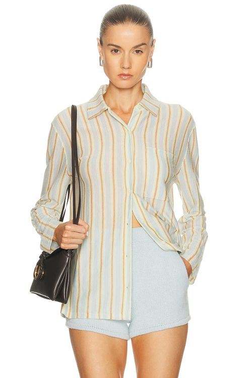 Guest In Residence Fine Stripe Showtime Shirt in Limewash Combo - Green. S also in XS, M