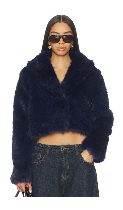 LIONESS x REVOLVE Madame Faux Fur Jacket in Navy. L. Also in XS, S