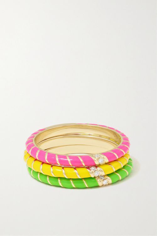 Alliance Set Of Three 9-karat Gold, Enamel And Diamond Rings - 6