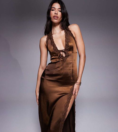 Exclusive satin lace trim plunge tie detail maxi dress in chocolate-Brown
