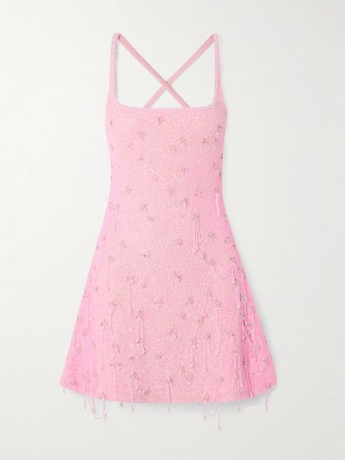 Embellished Stretch-mesh Mini Dress - Pink