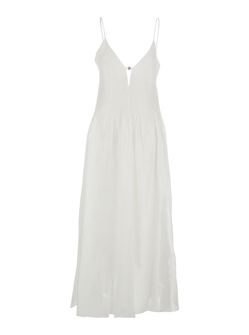 Linen-Silk V-Neck Dress — White