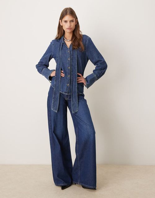 Msngo 100% cotton denim shirt with tie neck in blue