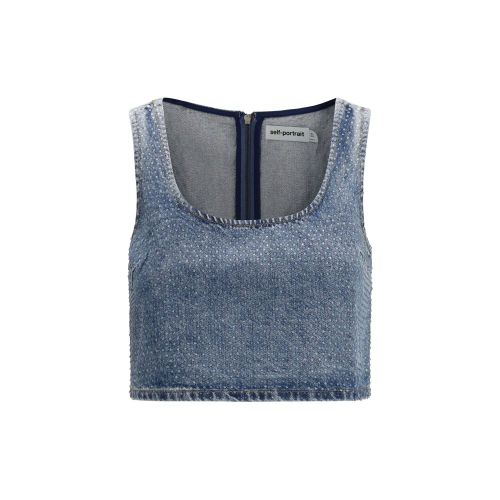 Rhinestone-Embellished Denim Crop Top — Blue