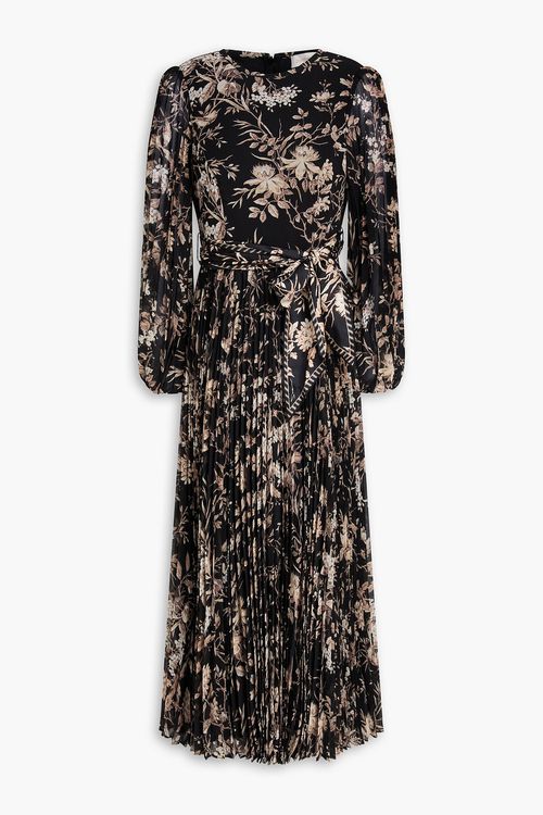 Pleated floral-print georgette midi dress - Black - 00