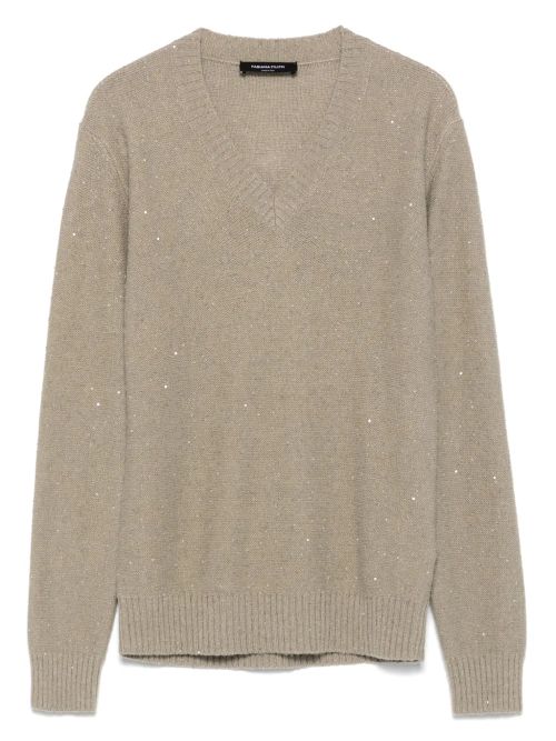 Sequin-Embellished Virgin Wool Sweater — Beige
