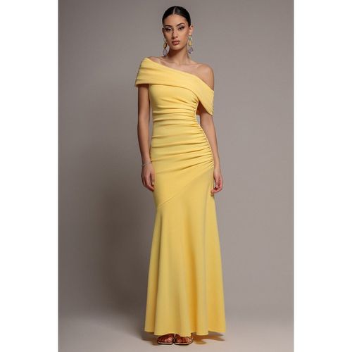 Goddiva Pleated One Shoulder Bardot Fit And Flare Maxi Dress - Butter Yellow