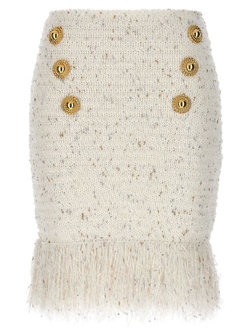 Fringed Tweed with Gold Buttons Skirt — Cream
