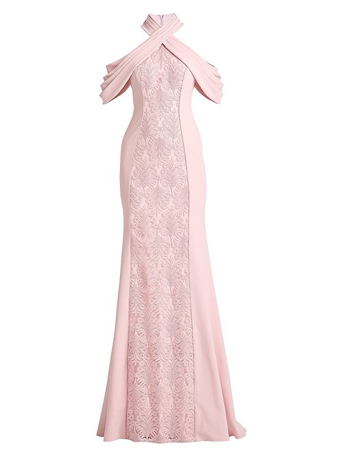 Women's Cold-Shoulder Corded Lace Gown - Rose Quartz